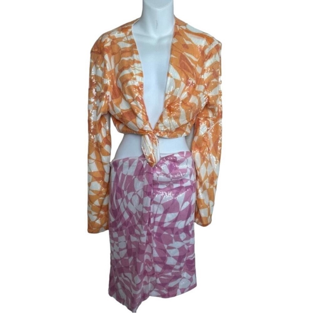 Melissa Mercedes x Eloquii Sequin Dress 24 Pink Orange Open Back Long Sleeves - Picture 4 of 6